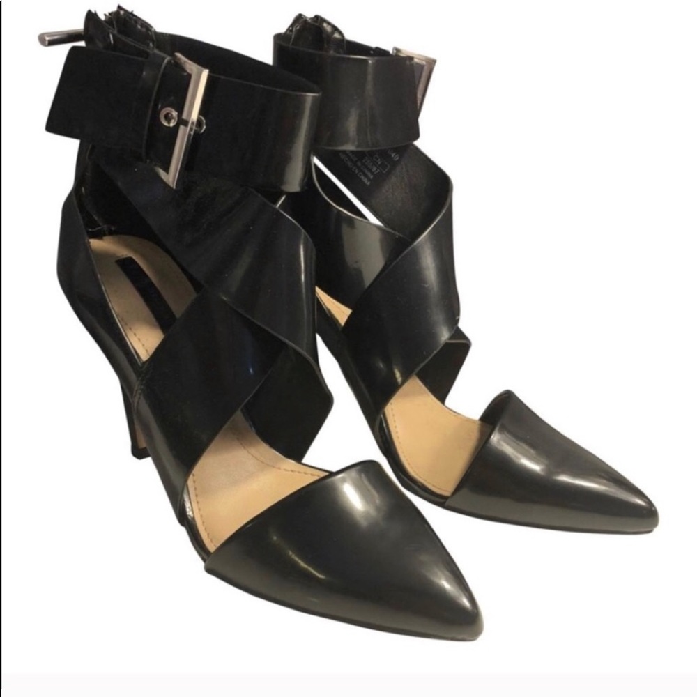 Zara Black Patent Pointed Toe Strappy Ankle Strap Heels